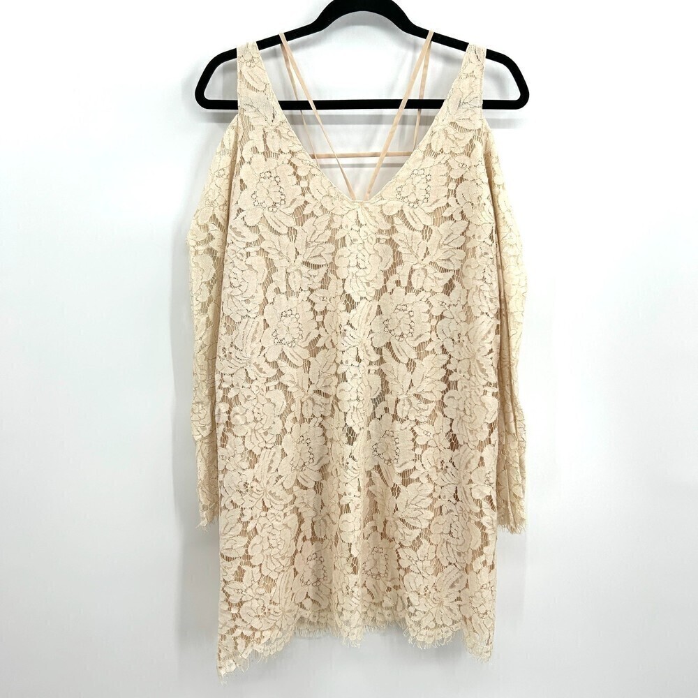 NWT CHASER Ivory Gold Metallic Lace Bell Sleeve Cold Shoulder Shift Dress Medium